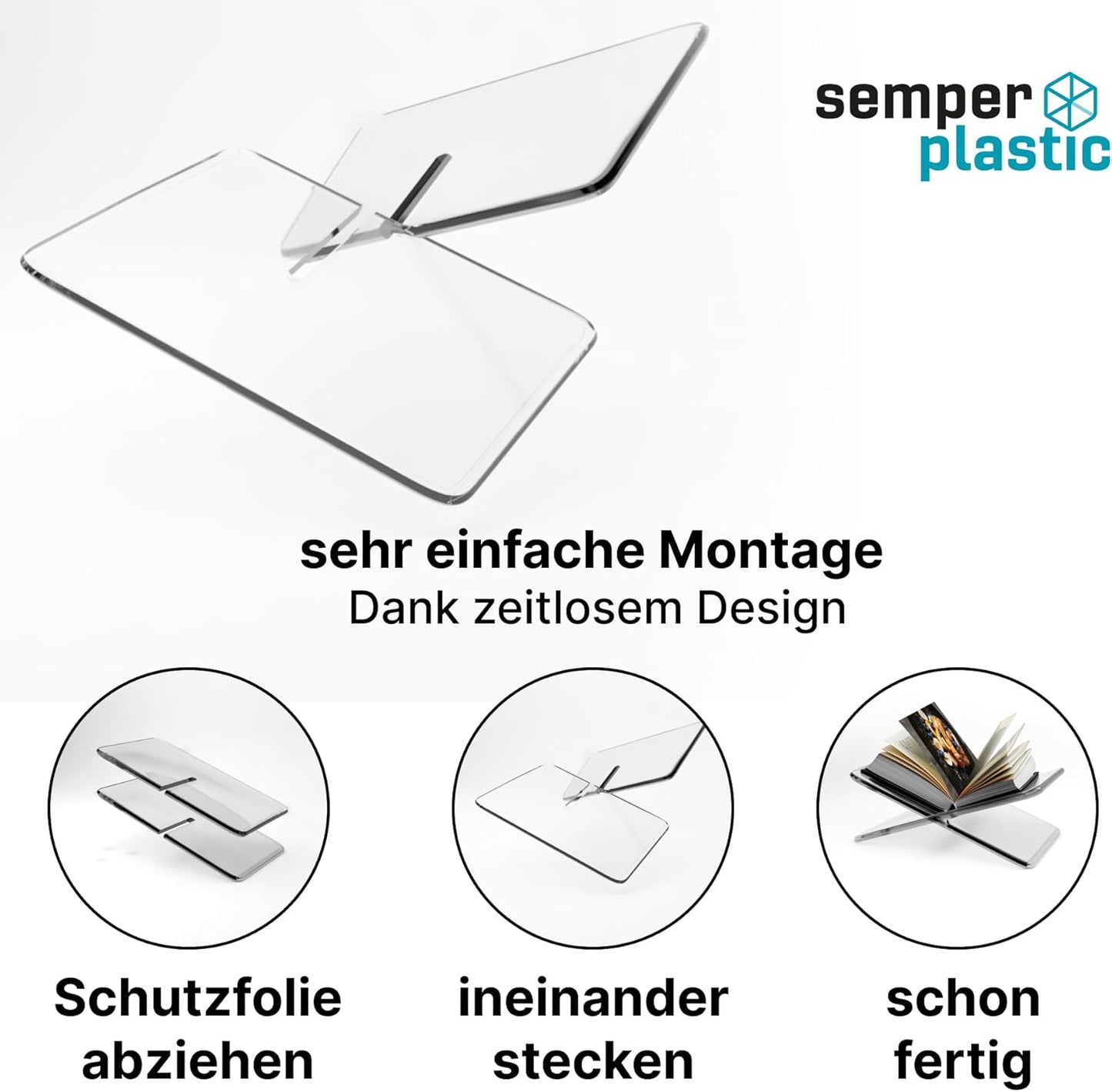 Semper Plastic Acryl Buchständer – Dekorativer aus bruchsicherem Acryl – Leseständer Kochbuchhalter grau zum Lesen und Präsentieren (Schräg)