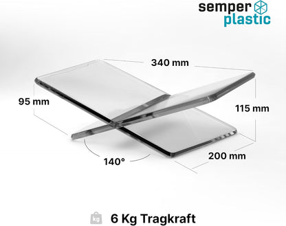 Semper Plastic Acryl Buchständer – Dekorativer aus bruchsicherem Acryl – Leseständer Kochbuchhalter grau zum Lesen und Präsentieren (Schräg)