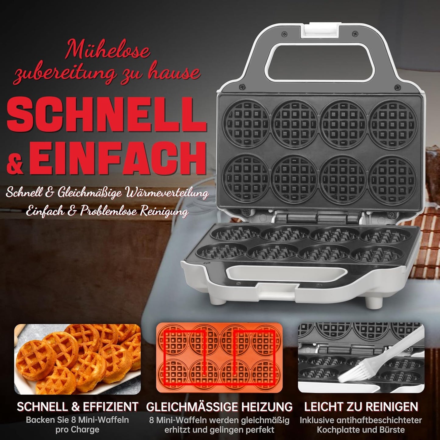 SugarWhisk Mini-Waffelmaschine, Waffeleisen für Kinder, backt 8 x 5cm winzige Waffeln weiß