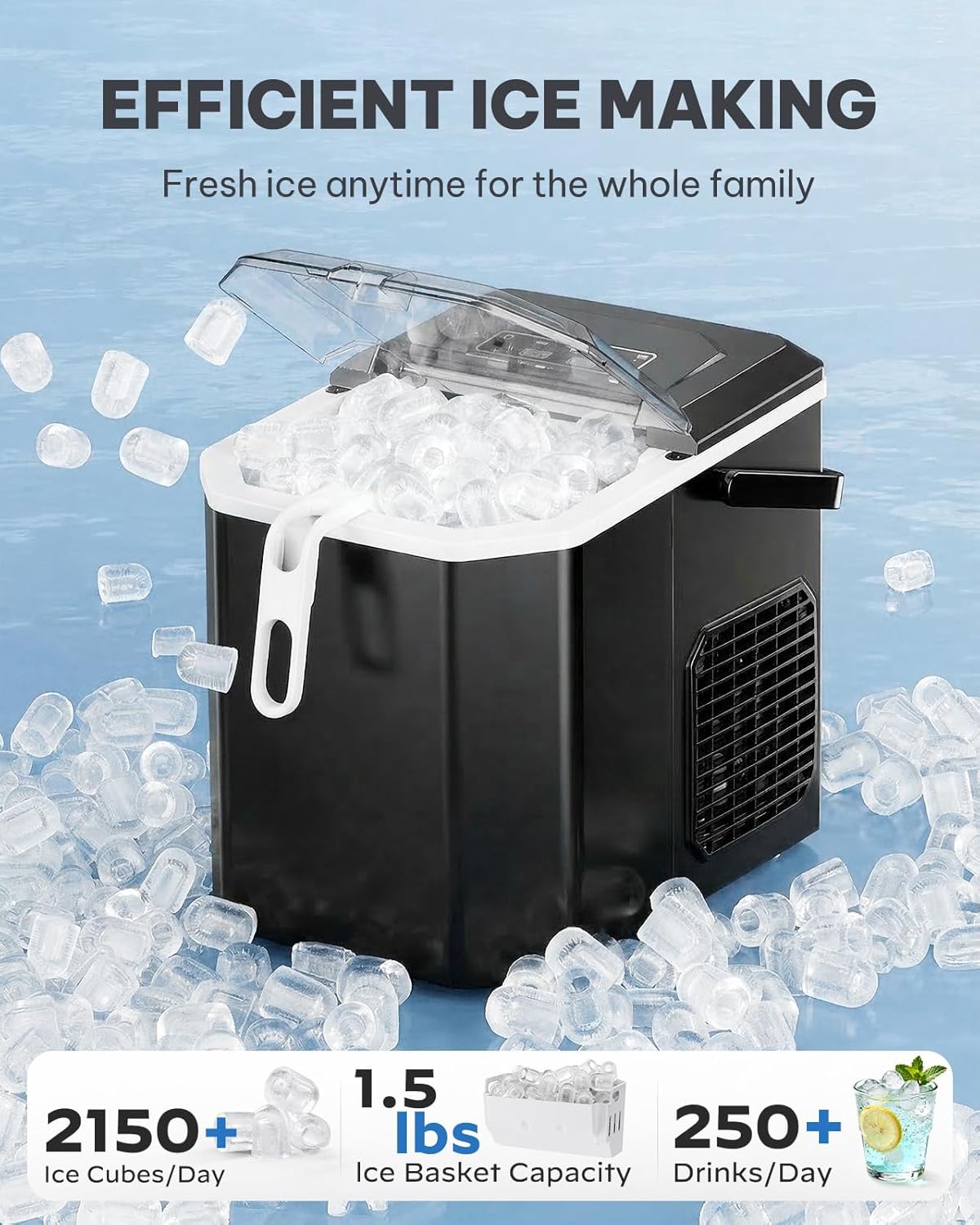 Silonn Eiswürfelmaschine mit Griff-Eiswürfelkorb Ice Maker 9 Eiswürfel/6 Min.