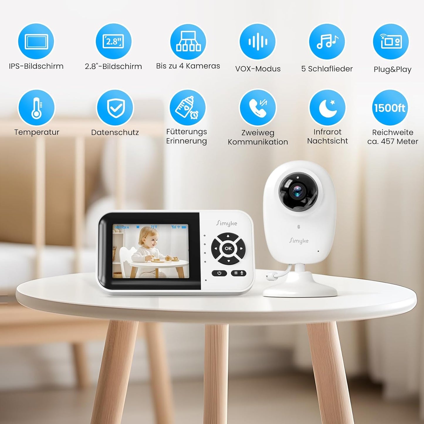Simyke Intelligenter Babyphone, 7,1 cm (2,8 Zoll) Display, 1080p