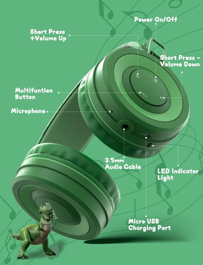 SIMJAR Bluetooth-Kopfhörer für Kinder mit Mikrofon, Dinosaurier-Design