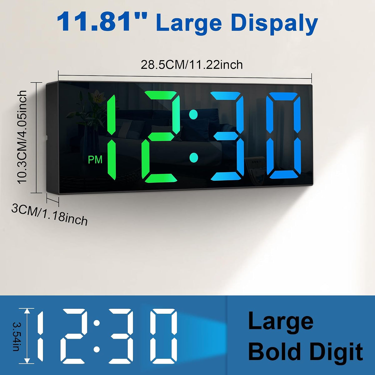 Sukeen Nachtlicht-Wanduhr, Digitaluhr, 30 cm, mit Fernbedienung,8 Farben, Dimmer,