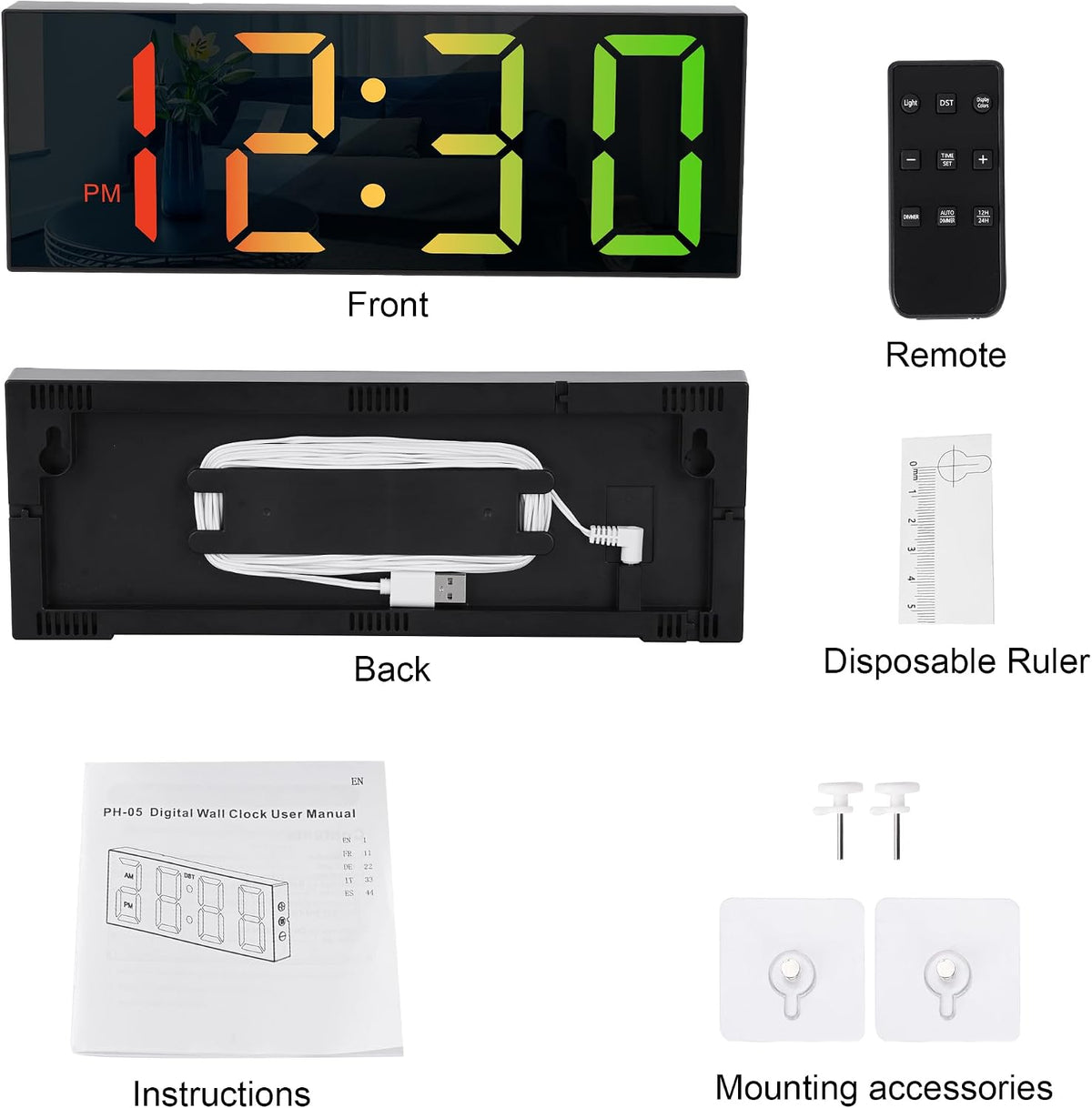 Sukeen Nachtlicht-Wanduhr, Digitaluhr, 30 cm, mit Fernbedienung,8 Farben, Dimmer,