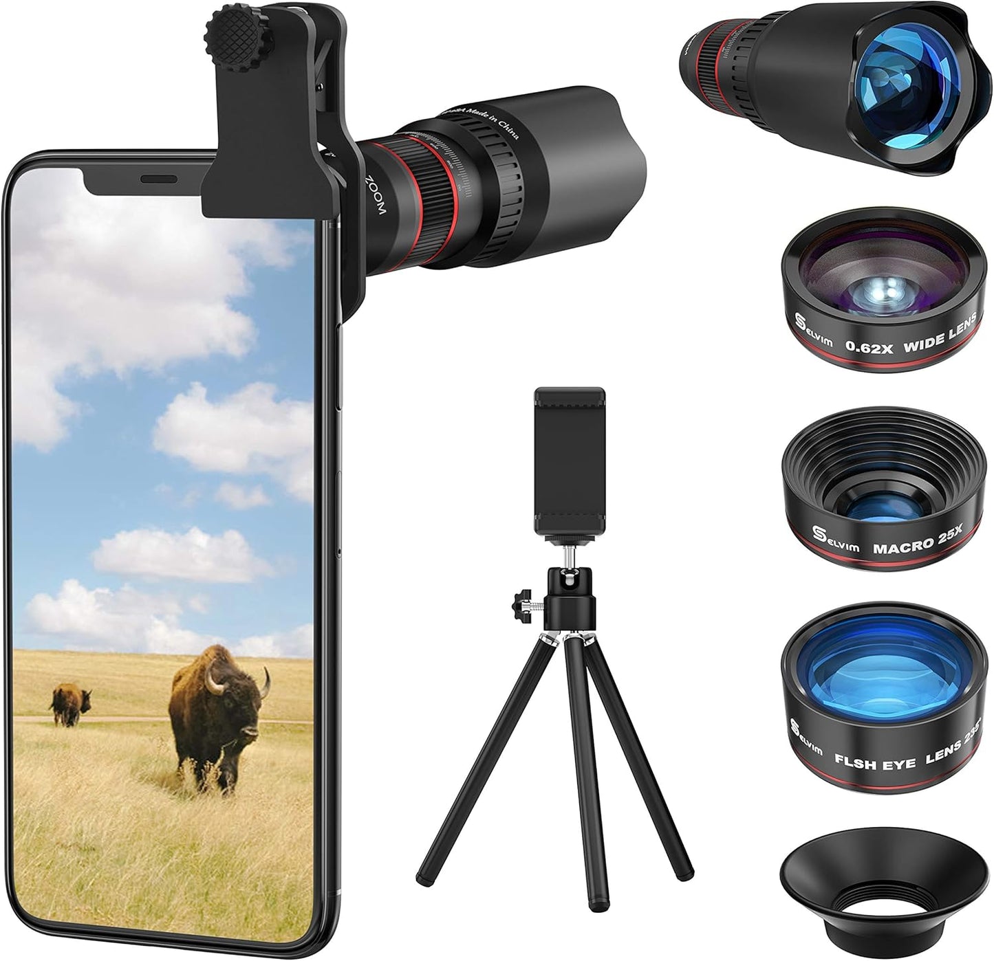 Selvim Handy Objektiv Kit 22X Tele + 25X Makro + 0,62X Weitwinkel + 235° Fisheye iOS Android Schwarz