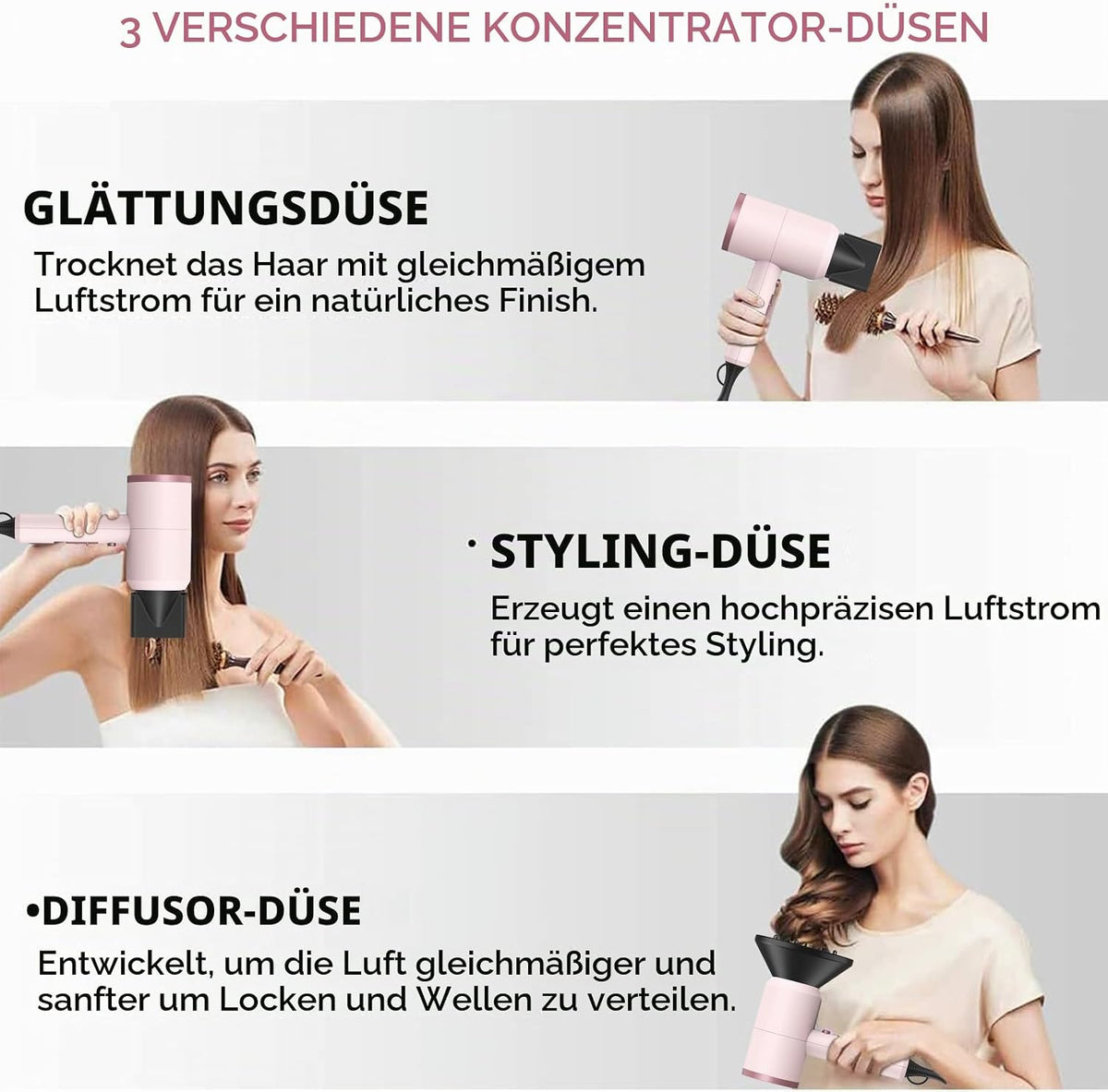 Slopehill Ionen Haartrockner 1800W AC Motor Föhn Schnelltrocknen Fön Diffusor & Stylingdüse Rosa