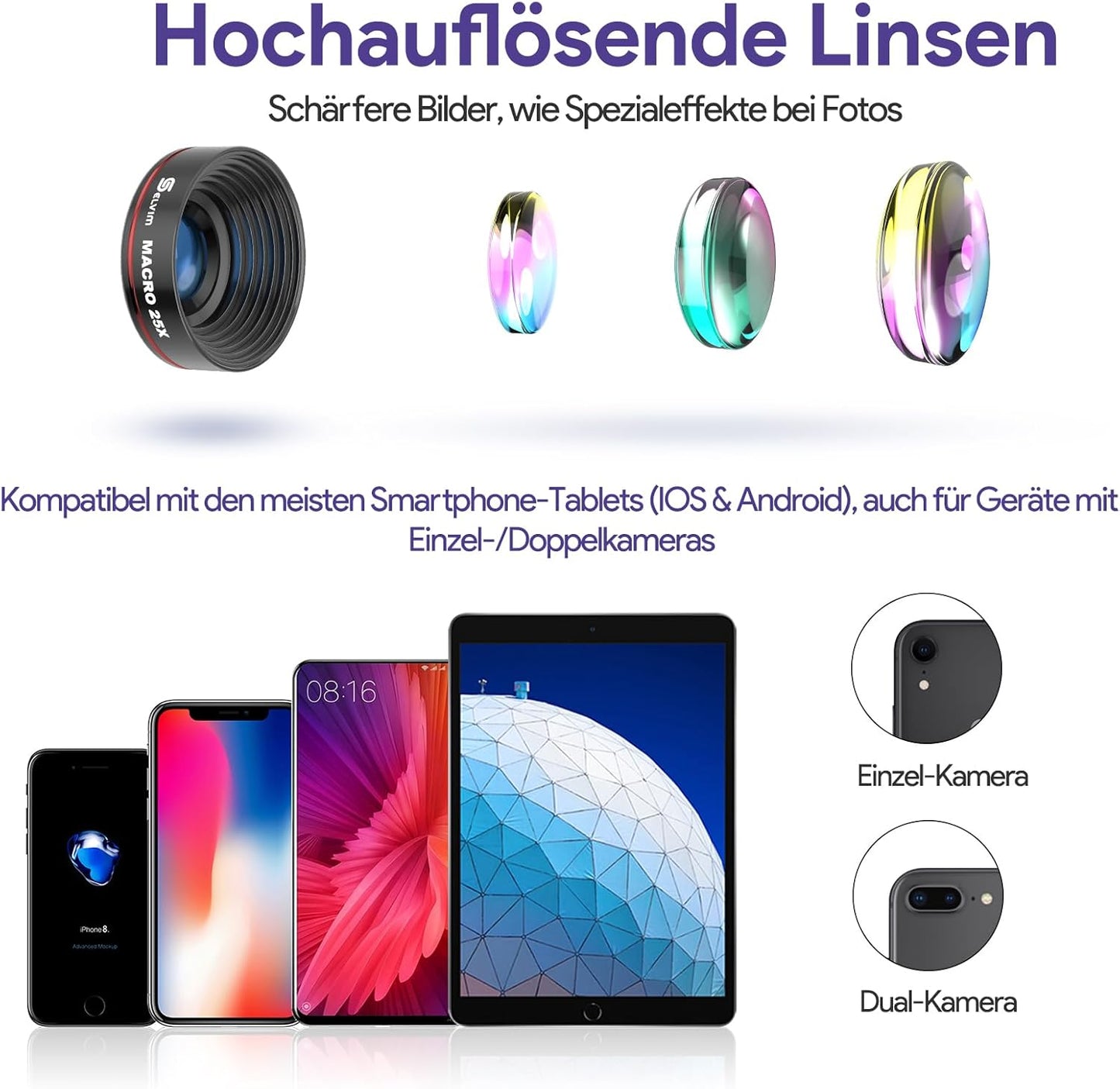 Selvim Handy Objektiv Kit 22X Tele + 25X Makro + 0,62X Weitwinkel + 235° Fisheye iOS Android Schwarz