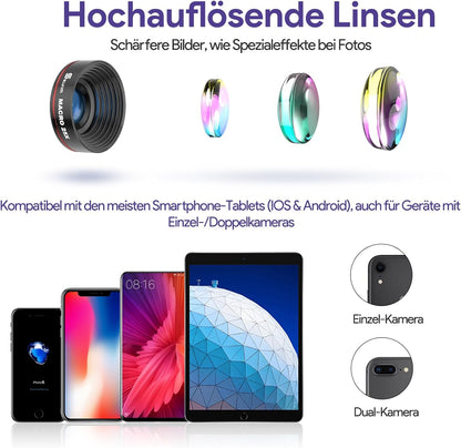 Selvim Handy Objektiv Kit 22X Tele + 25X Makro + 0,62X Weitwinkel + 235° Fisheye iOS Android Schwarz