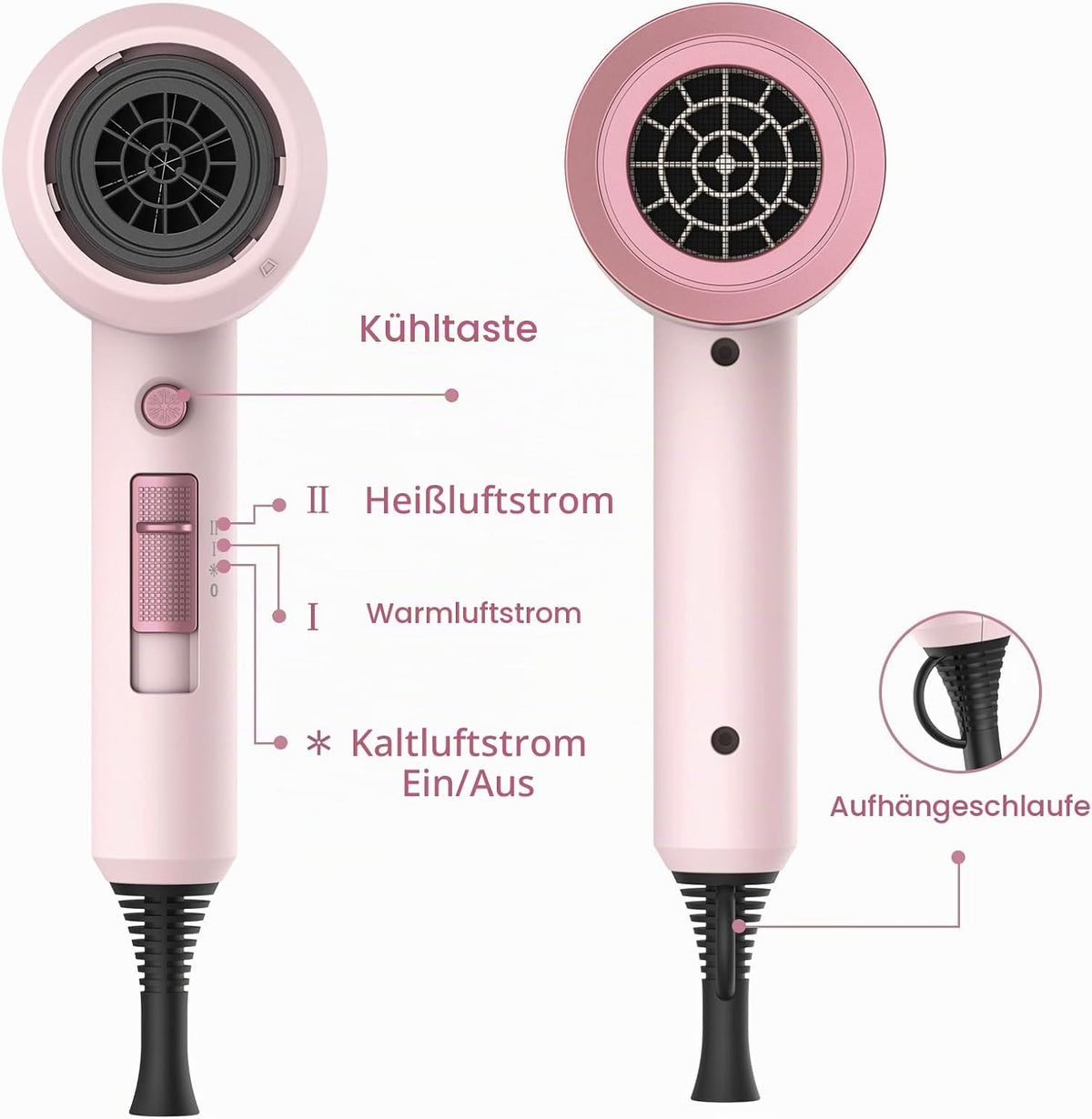Slopehill Ionen Haartrockner 1800W AC Motor Föhn Schnelltrocknen Fön Diffusor & Stylingdüse Rosa
