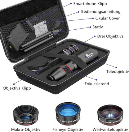 Selvim Handy Objektiv Kit 22X Tele + 25X Makro + 0,62X Weitwinkel + 235° Fisheye iOS Android Schwarz