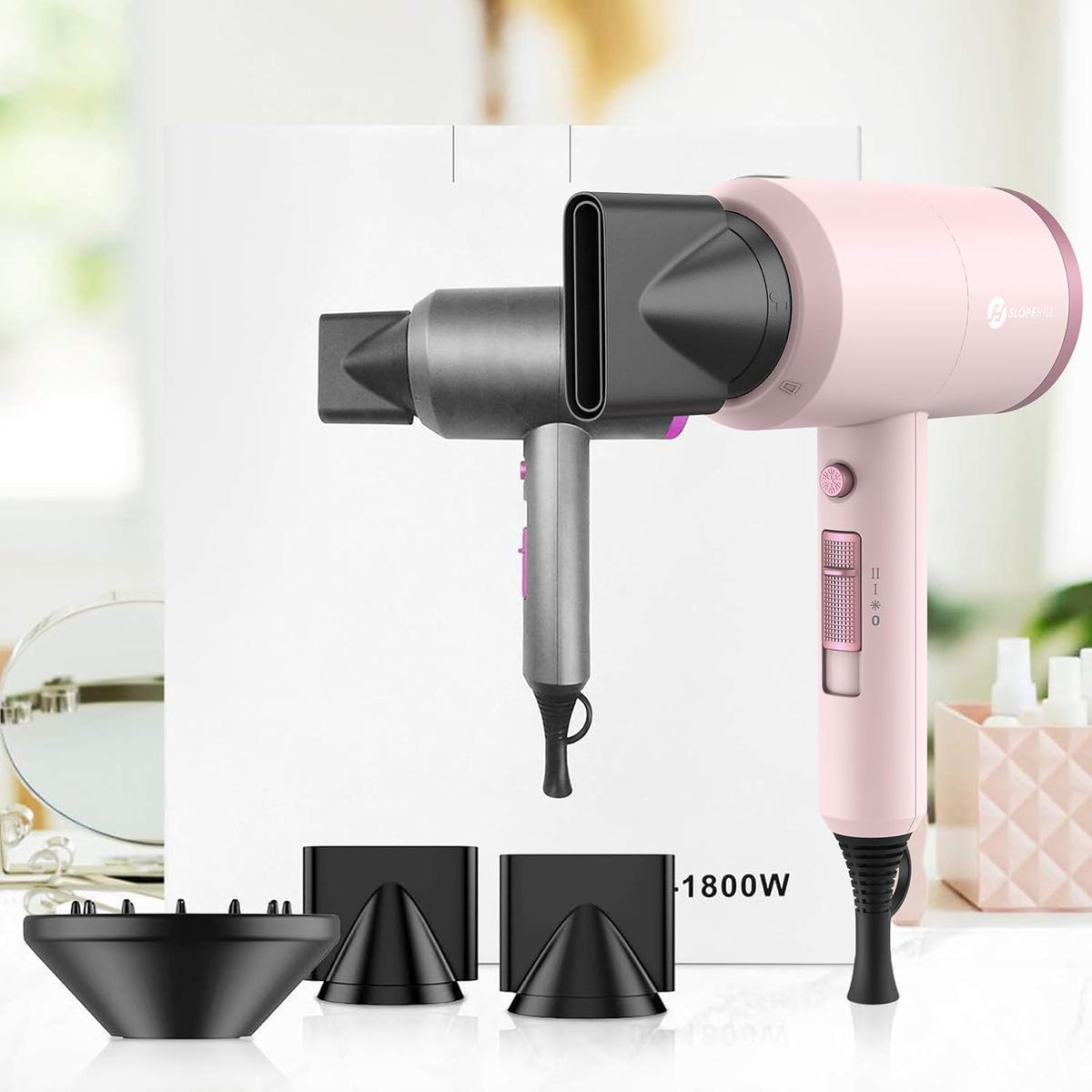 Slopehill Ionen Haartrockner 1800W AC Motor Föhn Schnelltrocknen Fön Diffusor & Stylingdüse Rosa