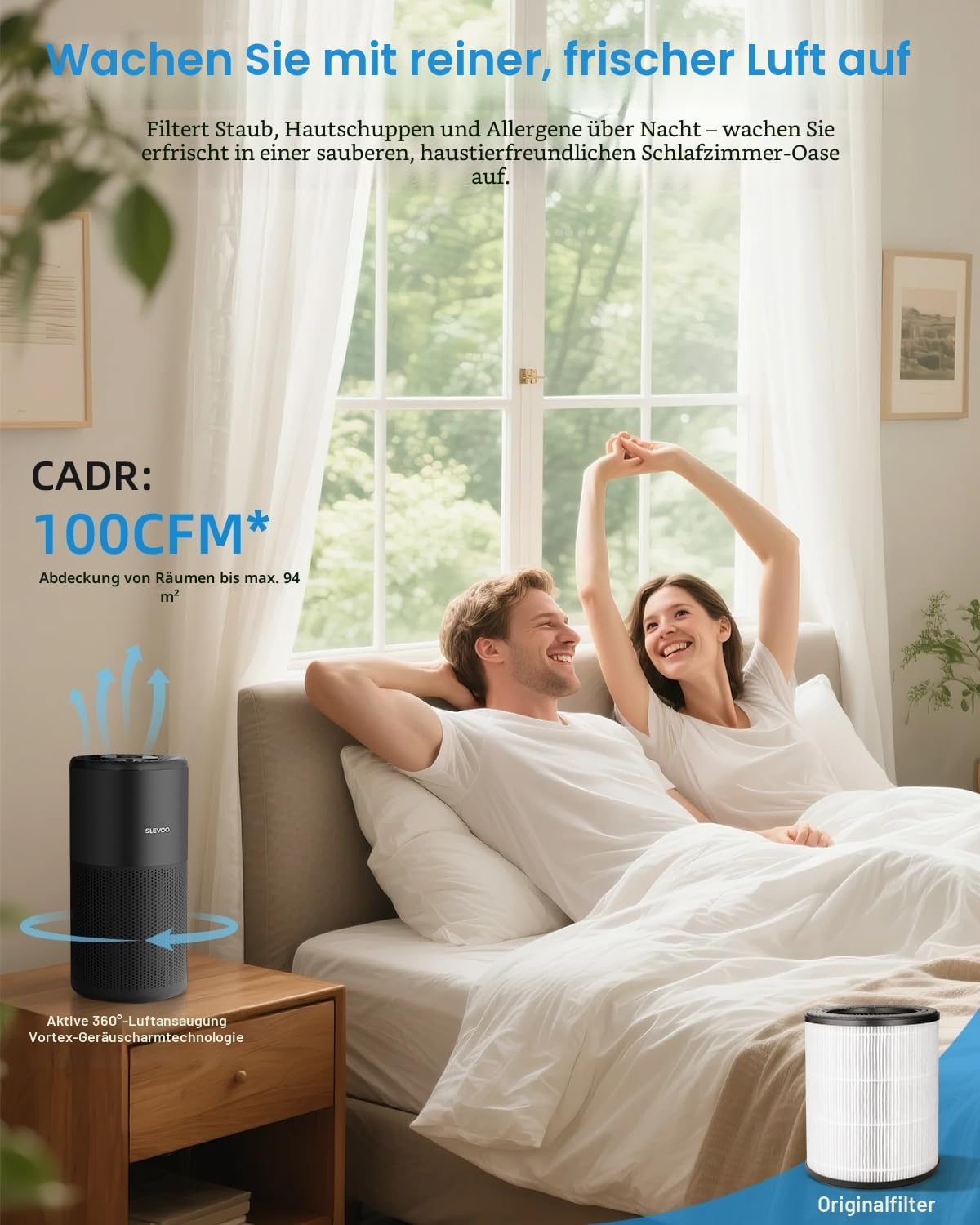 Slevoo Luftreiniger Schlafzimmer mit H13 HEPA Filter, Air Purifier für Räume bis 102 m² Schwarz