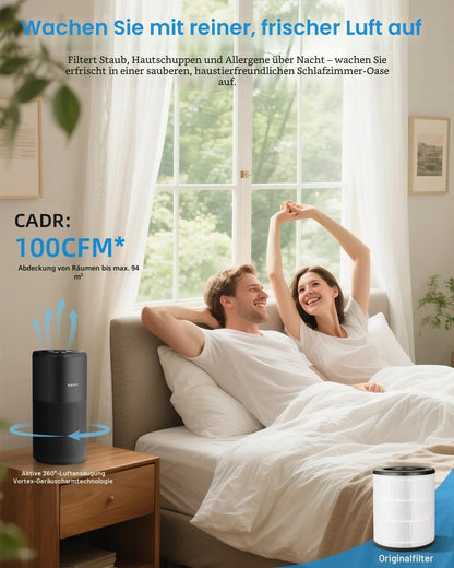 Slevoo Luftreiniger Schlafzimmer mit H13 HEPA Filter, Air Purifier für Räume bis 102 m² Schwarz