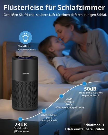 Slevoo Luftreiniger Schlafzimmer mit H13 HEPA Filter, Air Purifier für Räume bis 102 m² Schwarz
