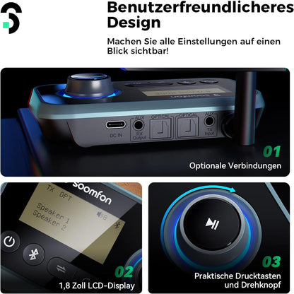 SOOMFON 3-in-1 Bluetooth 5.0 Sender Empfänger für 2 Kopfhörer, Bluetooth Adapter Audio