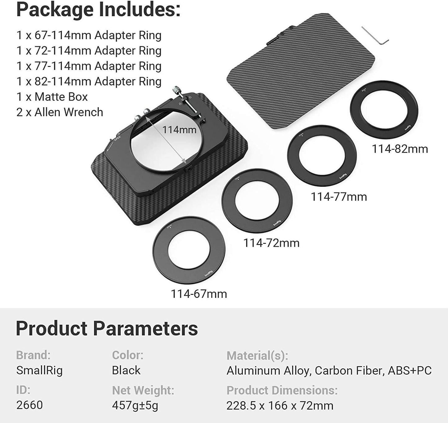 SMALLRIG Light Matte Box pour appareils photo reflex numériques sans miroir, compatible avec les objectifs 67 mm/72 mm/77 mm/82 mm/114 mm – 2660