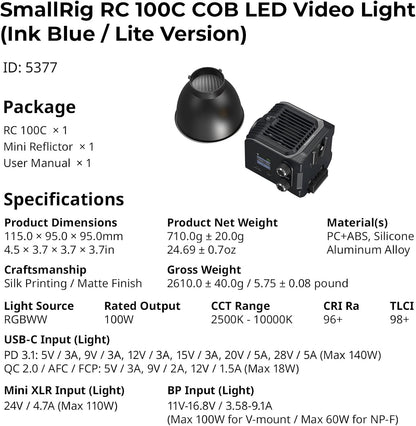 SMALLRIG RC 100C RGBWW LED-Videoleuchte, App,100 W Mini-COB-Dauerlicht