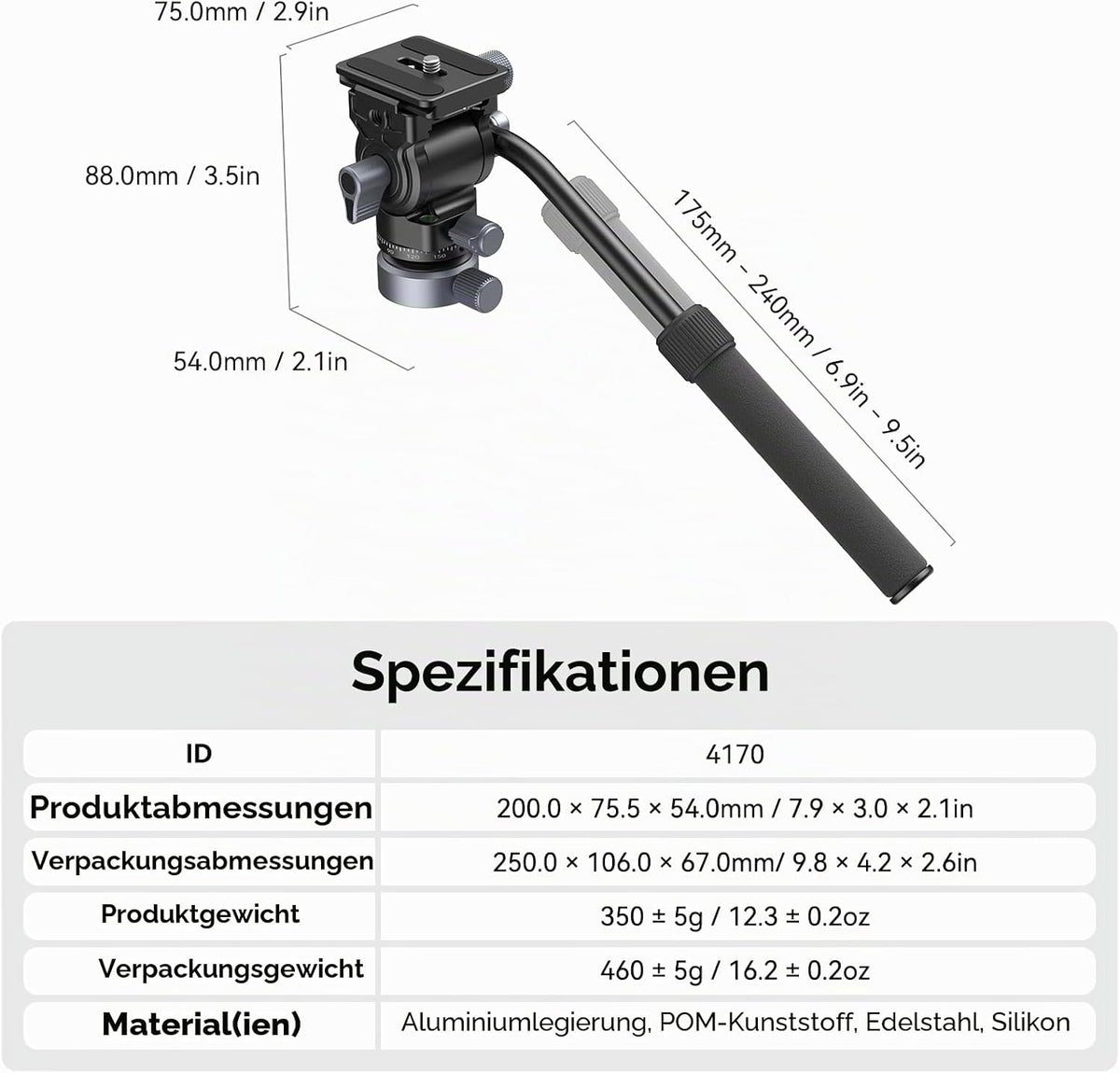 SMALLRIG Stativ Fluid Videokopf Video Head Mount Plate CH20 mit Schnellwechselplatte