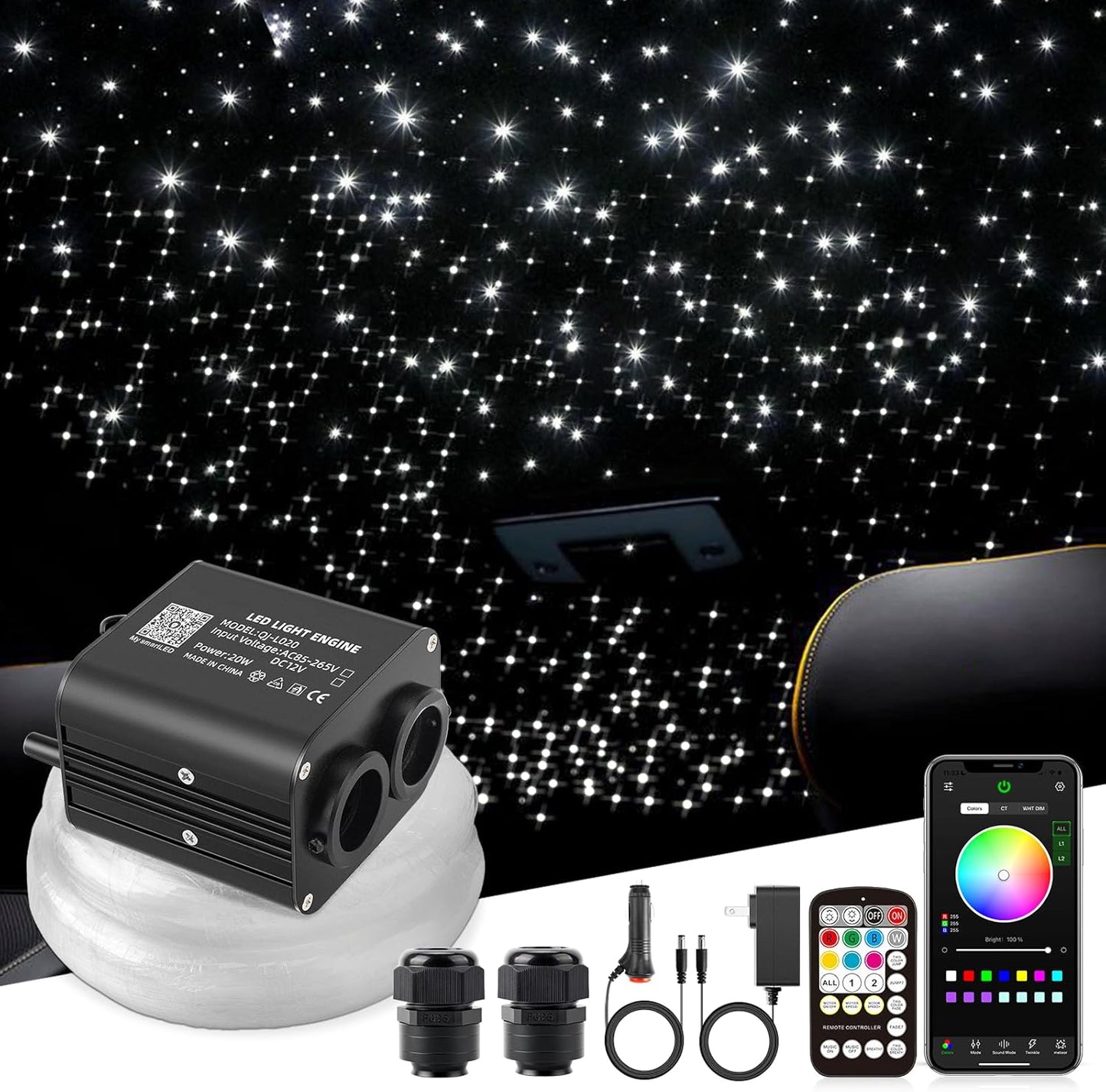 Sunkenet 20W Twinkle Sternenhimmel Auto, 800pcs*0.75mm*4m Sternenhimmel Glasfaser RGBW Bluetooth-APP/Fernbedienung