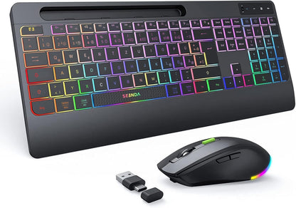 Seenda JPX006 Tastatur Maus Set kabellos, Ergonomisch, QWERTZ, RGB Beleuchtung