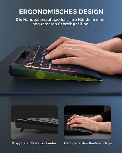 Seenda JPX006 Tastatur Maus Set kabellos, Ergonomisch, QWERTZ, RGB Beleuchtung