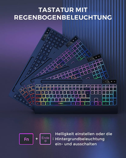 Seenda JPX006 Tastatur Maus Set kabellos, Ergonomisch, QWERTZ, RGB Beleuchtung