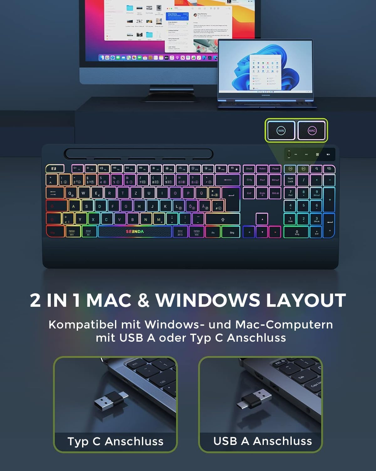 Seenda JPX006 Tastatur Maus Set kabellos, Ergonomisch, QWERTZ, RGB Beleuchtung