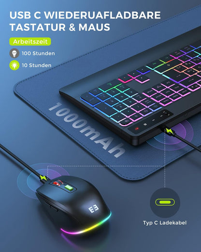 Seenda JPX006 Tastatur Maus Set kabellos, Ergonomisch, QWERTZ, RGB Beleuchtung