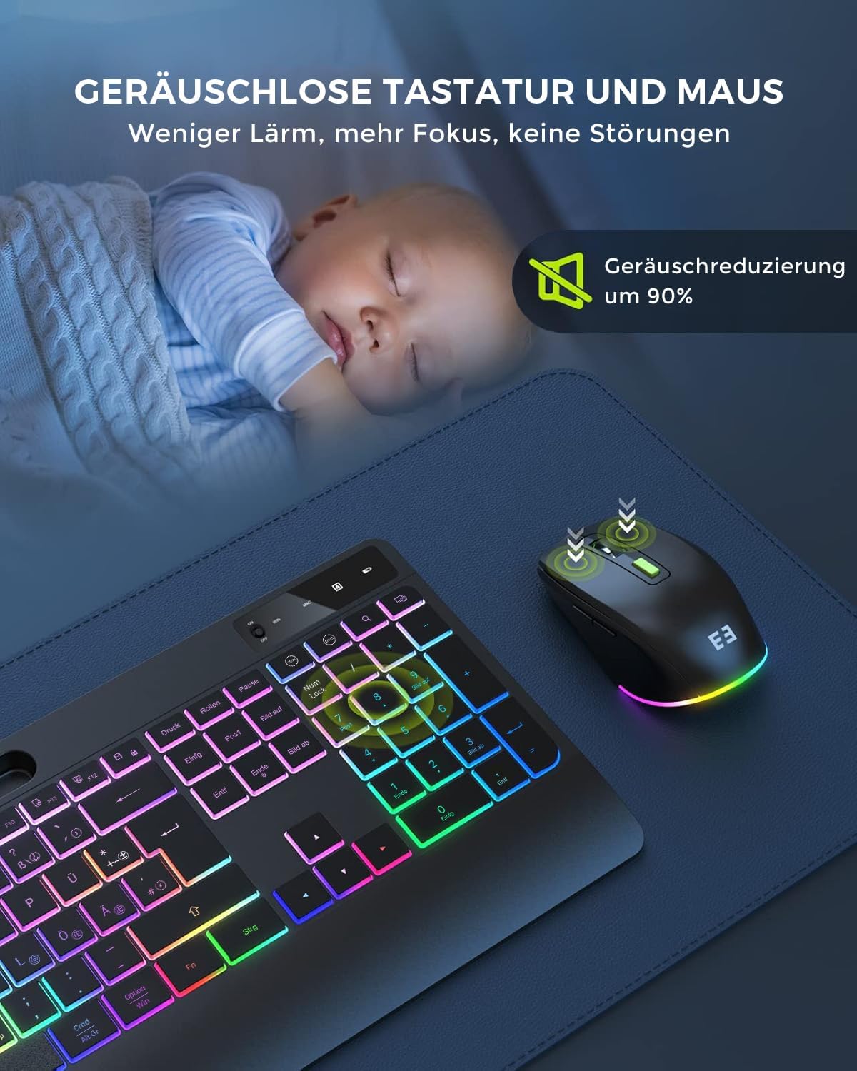 Seenda JPX006 Tastatur Maus Set kabellos, Ergonomisch, QWERTZ, RGB Beleuchtung