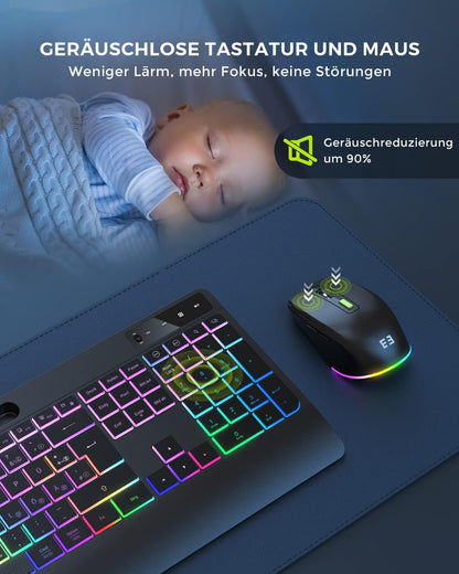 Seenda JPX006 Tastatur Maus Set kabellos, Ergonomisch, QWERTZ, RGB Beleuchtung