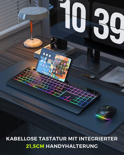 Seenda JPX006 Tastatur Maus Set kabellos, Ergonomisch, QWERTZ, RGB Beleuchtung