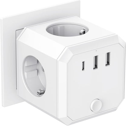USB-Steckdose, 7-in-1-Steckdosenwürfel,Ladegerät mit 4 Steckdosen + 2.0 USB + 1 Typ-C