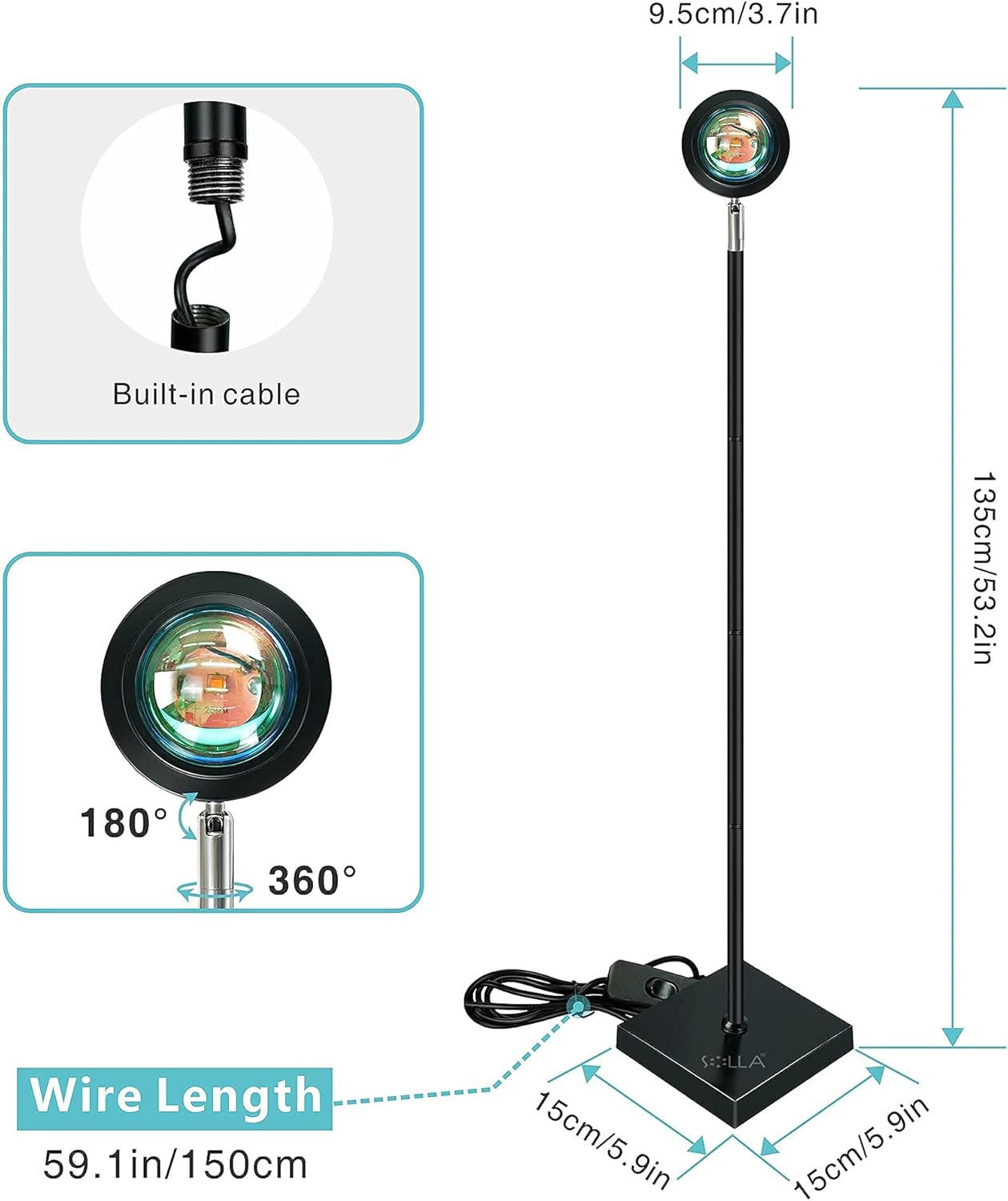 SOLLA Sonnenuntergang Projection LED Lampe Coucher de Soleil, Longue Support 360° Stehlampe