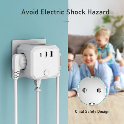 USB-Steckdose, 7-in-1-Steckdosenwürfel,Ladegerät mit 4 Steckdosen + 2.0 USB + 1 Typ-C