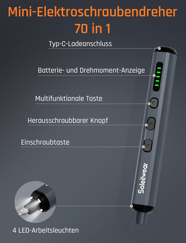 Mini Elektro Schraubendreher Set, 70 in 1 Akku mit 64 S2 Magnetische Stahlbits