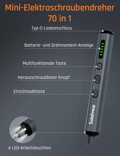 Mini Elektro Schraubendreher Set, 70 in 1 Akku mit 64 S2 Magnetische Stahlbits