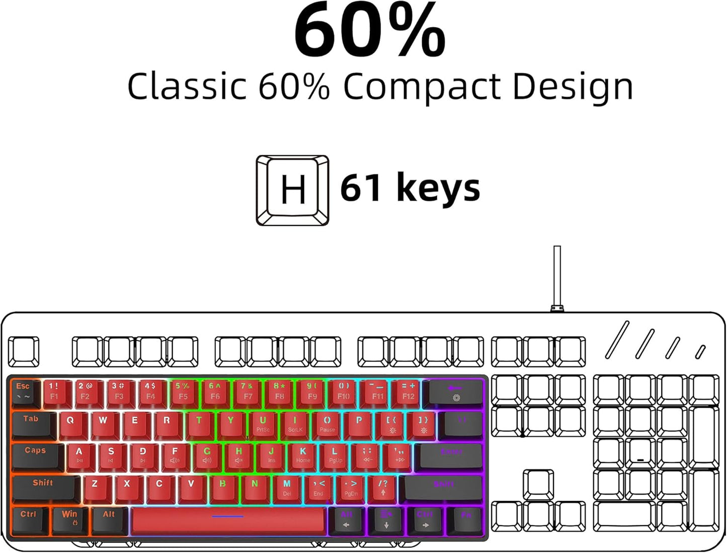 Snpurdiri 60% kabelgebundene mechanische Tastatur mit 61 roten Schaltertasten(schwarz-rot)