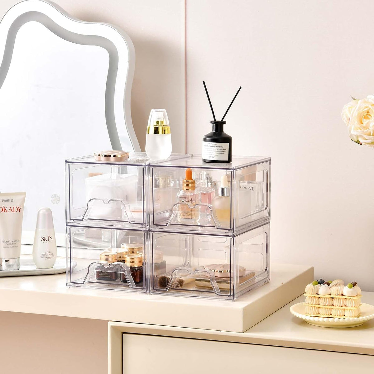 Stebopum Stapelbare Schubladen, transparenter Make-up-Organizer, Kunststoff (4 Stück)