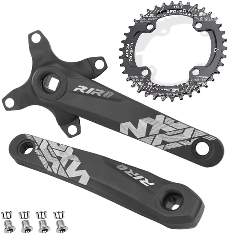 splumzer VTT 170 mm Quadratische Kurbelgarnitur avec 104 BCD 32/34/36/38T Kettenblatt, Aluminiumlegierung VTT Kurbel Schmal Breit CNC Runde Kettenblattschrauben (Nur Kurbelgarnitur)