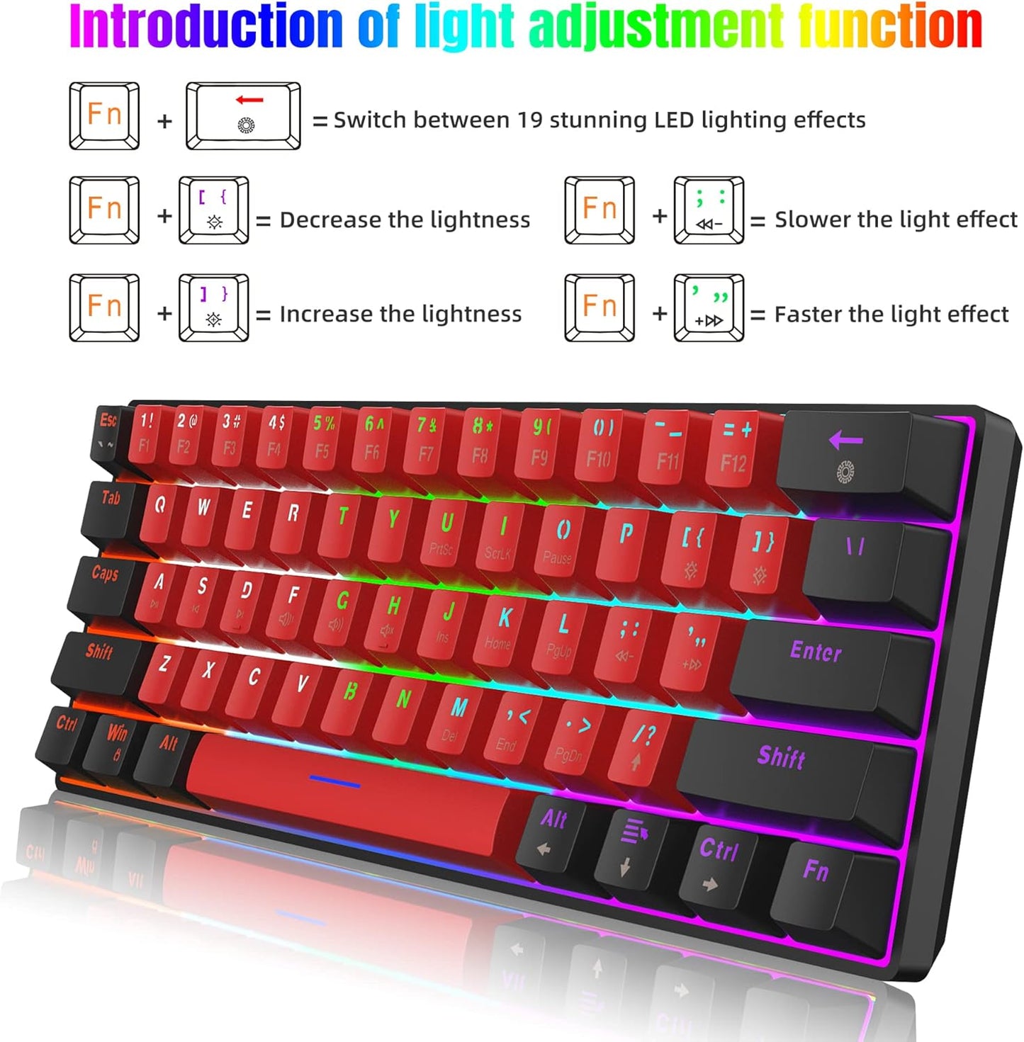 Snpurdiri 60% kabelgebundene mechanische Tastatur mit 61 roten Schaltertasten(schwarz-rot)
