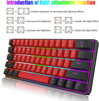 Snpurdiri 60% kabelgebundene mechanische Tastatur mit 61 roten Schaltertasten(schwarz-rot)