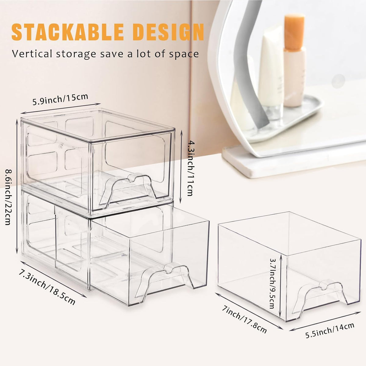 Stebopum Stapelbare Schubladen, transparenter Make-up-Organizer, Kunststoff (4 Stück)