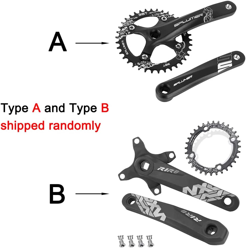 splumzer VTT 170 mm Quadratische Kurbelgarnitur avec 104 BCD 32/34/36/38T Kettenblatt, Aluminiumlegierung VTT Kurbel Schmal Breit CNC Runde Kettenblattschrauben (Nur Kurbelgarnitur)