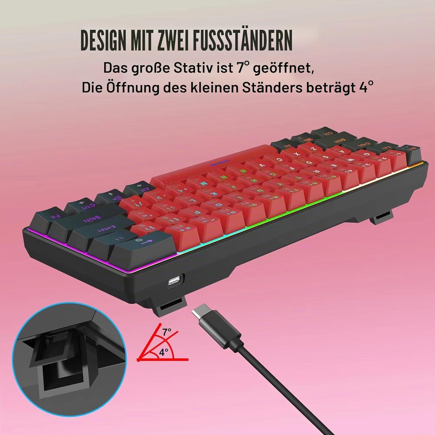 Snpurdiri 60% kabelgebundene mechanische Tastatur mit 61 roten Schaltertasten(schwarz-rot)