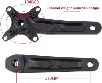 splumzer VTT 170 mm Quadratische Kurbelgarnitur avec 104 BCD 32/34/36/38T Kettenblatt, Aluminiumlegierung VTT Kurbel Schmal Breit CNC Runde Kettenblattschrauben (Nur Kurbelgarnitur)