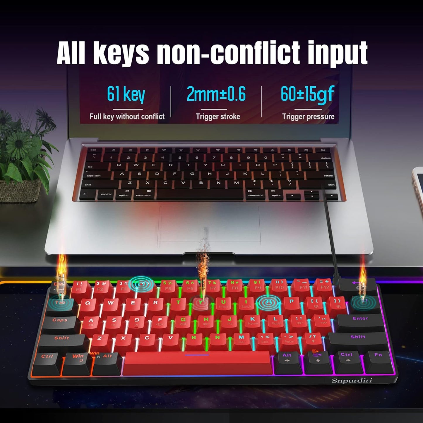 Snpurdiri 60% kabelgebundene mechanische Tastatur mit 61 roten Schaltertasten(schwarz-rot)