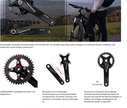 splumzer VTT 170 mm Quadratische Kurbelgarnitur avec 104 BCD 32/34/36/38T Kettenblatt, Aluminiumlegierung VTT Kurbel Schmal Breit CNC Runde Kettenblattschrauben (Nur Kurbelgarnitur)