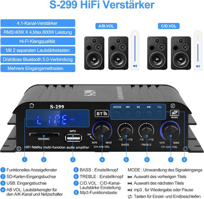 S-299 4.1-Kanal HiFi Verstärker, RMS 40Wx4+50W Bluetooth Mini Audio Verstärker Max. 800W Leistung