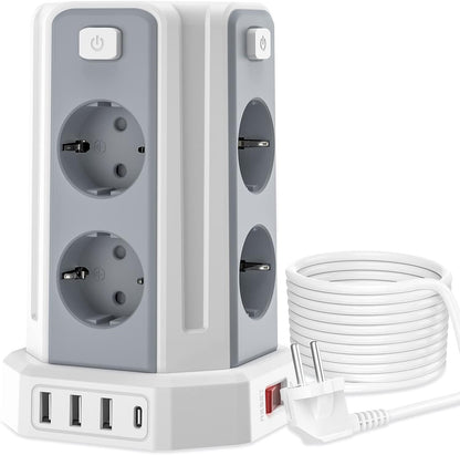 Sameriver 8 Fach Steckdosenleiste mit 3M Kabel, Mehrfachsteckdose mit 3 USB A, 1 USB C, Steckdosenturm mit 5 Schalter, Steckdosenleiste Überspannungsschutz, Geeignet für Zuhause und Büro(2500W/10A)