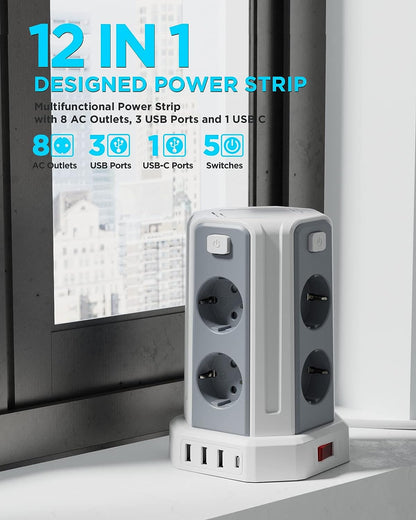 Sameriver 8 Fach Steckdosenleiste mit 3M Kabel, Mehrfachsteckdose mit 3 USB A, 1 USB C, Steckdosenturm mit 5 Schalter, Steckdosenleiste Überspannungsschutz, Geeignet für Zuhause und Büro(2500W/10A)